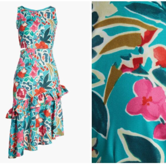 NWOT SAM EDELMAN Tropical Ruffle Cutout Midi Dress In Aqua Multi size 6 - Picture 2 of 10